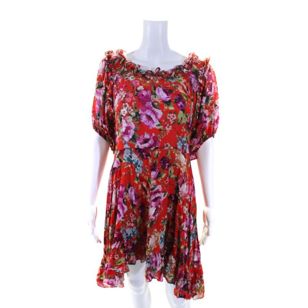 Icons Womens Back Zip Shirt Sleeve Scoop Neck Floral Dress Red Multi Size XS